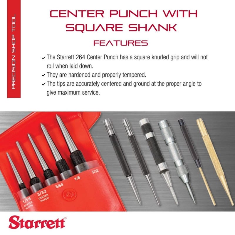 Starrett Steel Center Punch with Square Shank and Knurled Finger Grip - Hardened and Tempered, 4-1/2" Length, 3/16" Diameter Tapered, 7/16" Square Thickness - 264F - Image 2
